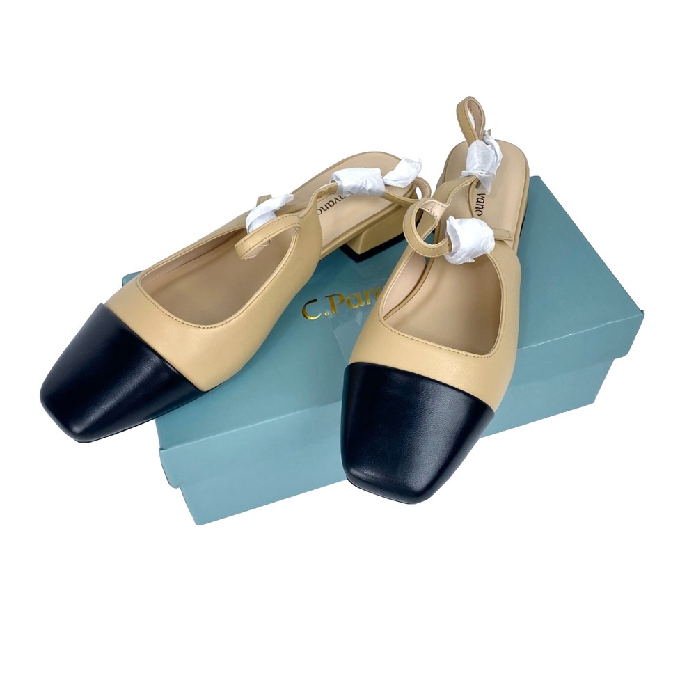 New! C. Paravano Slingback Flats Women's 38.5 Beige & Black 8 Shoes Adjustable